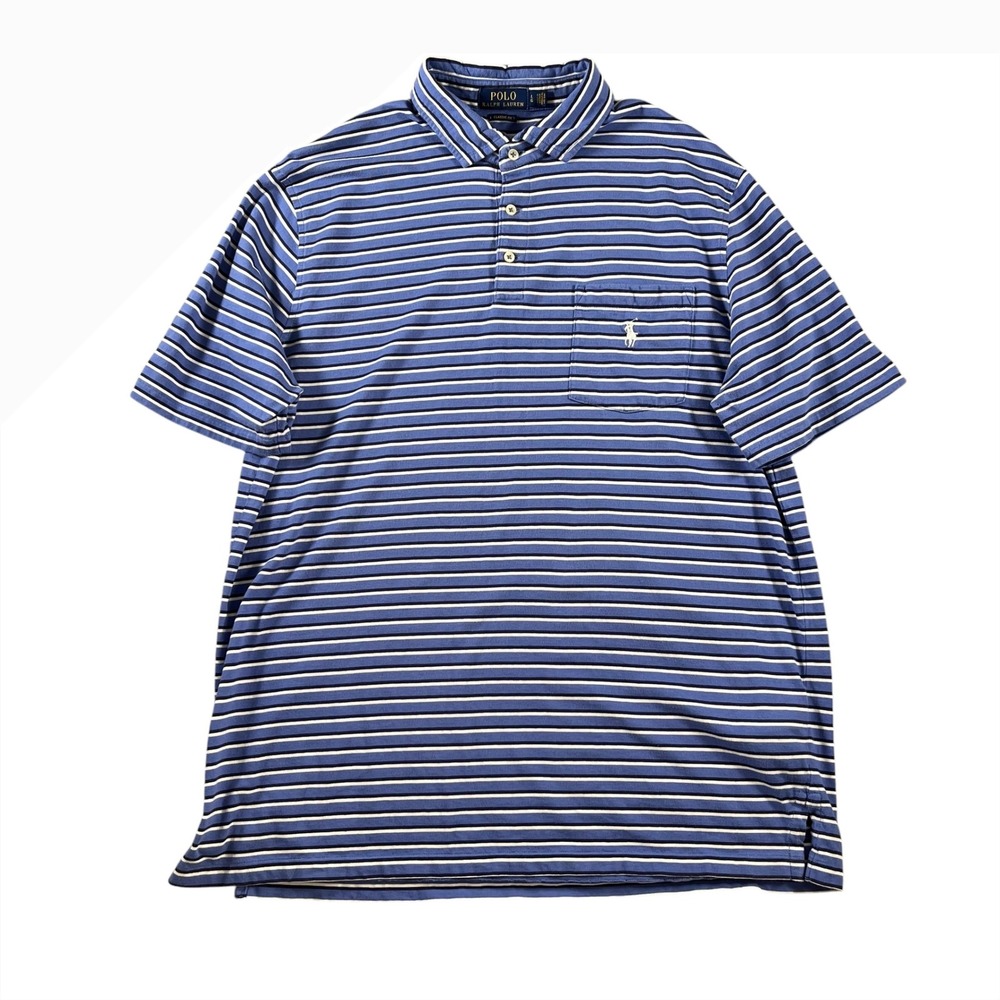 Polo Ralph Lauren Mens Classic Fit Striped Pocket Polo Shirt Blue White Sz Large